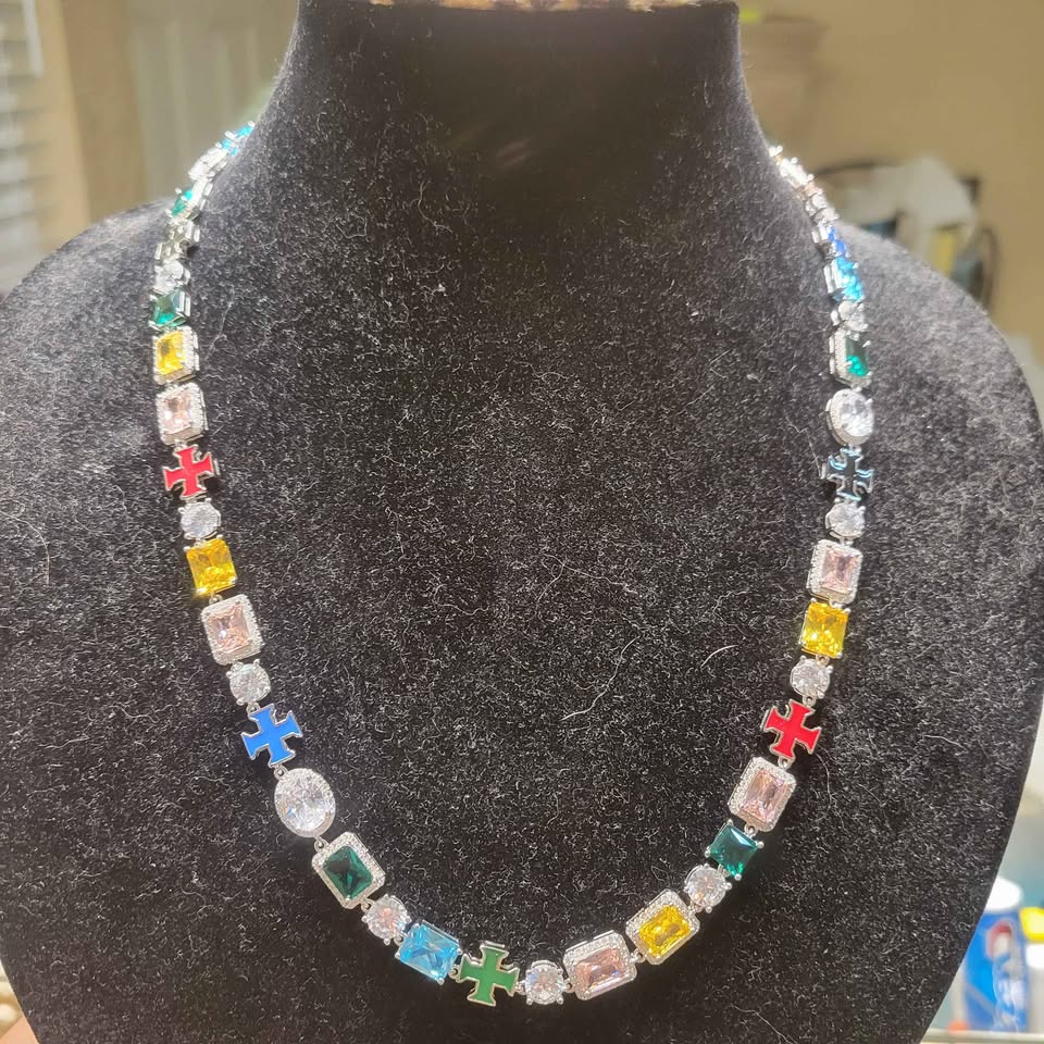 22in Multi-gem silver necklace 10mm wide