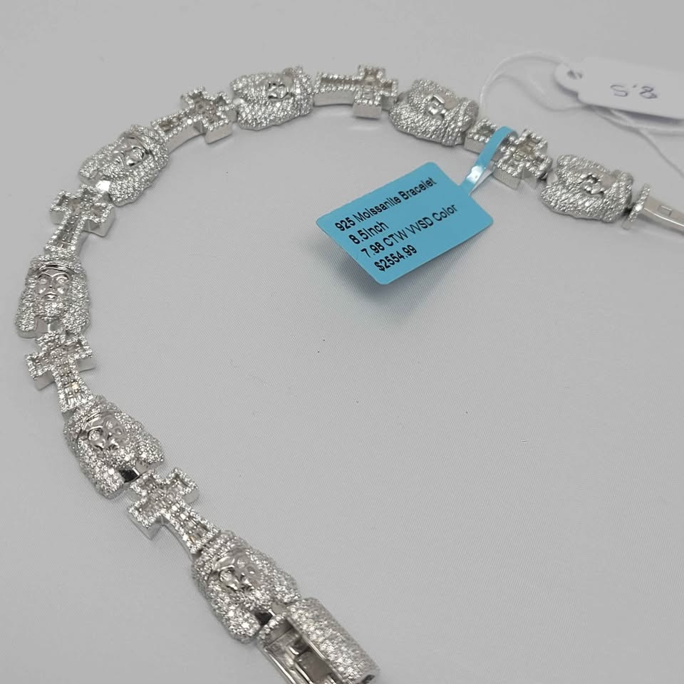 8.5in christ and cross moissanite silver bracelet